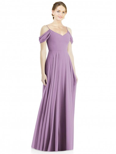 Compra lavanda oscura línea A Hombros Descubiertos Tirantes espagueti Gasa Largo Vestidos de dama de honor