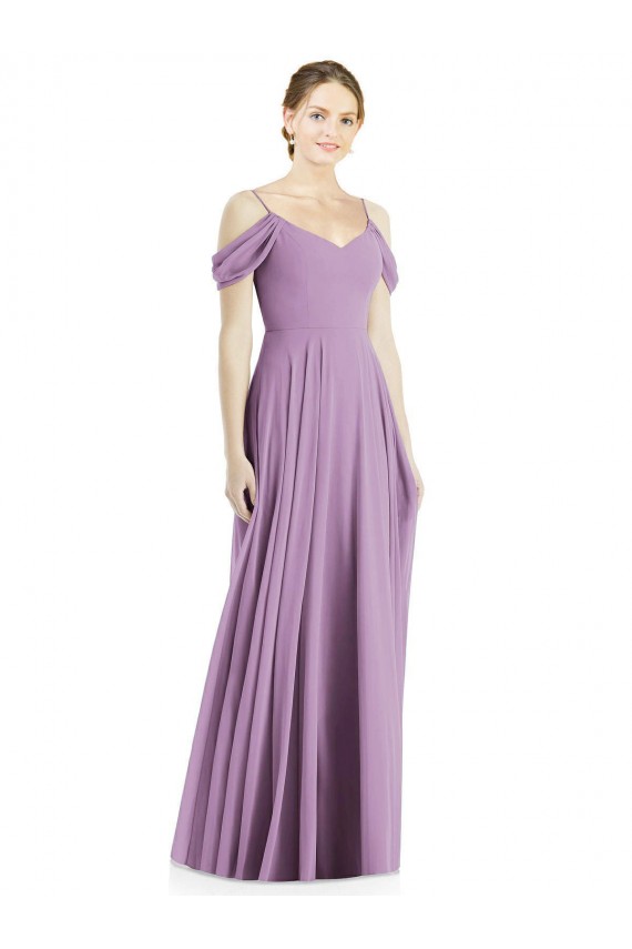 Compra lavanda oscura línea A Hombros Descubiertos Tirantes espagueti Gasa Largo Vestidos de dama de honor