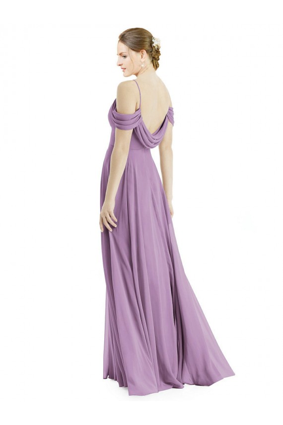 Compra lavanda oscura línea A Hombros Descubiertos Tirantes espagueti Gasa Largo Vestidos de dama de honor