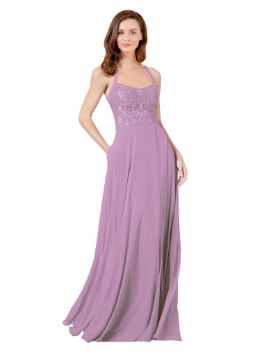 Compra lavanda oscura línea A Tirantes espagueti Gasa Encaje Largo Vestidos de dama de honor