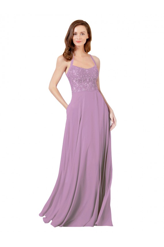 Compra lavanda oscura línea A Tirantes espagueti Gasa Encaje Largo Vestidos de dama de honor