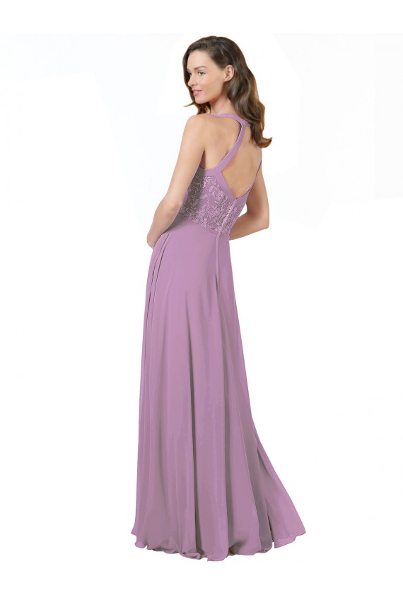 Compra lavanda oscura línea A Tirantes espagueti Gasa Encaje Largo Vestidos de dama de honor