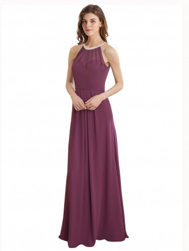 Compra línea A Cuello Alto Gasa Largo Vestidos de dama de honor