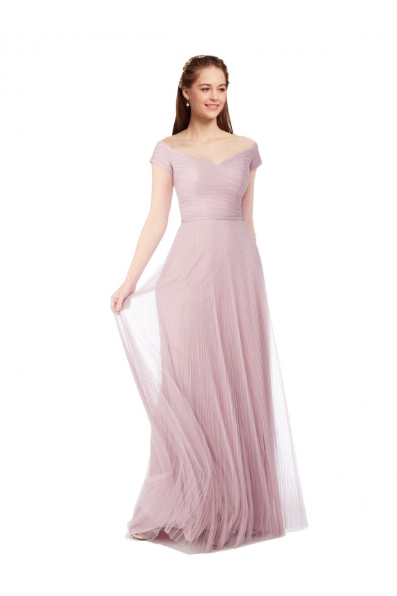 Compra línea A Hombros Descubiertos Tul Largo Vestidos de dama de honor
